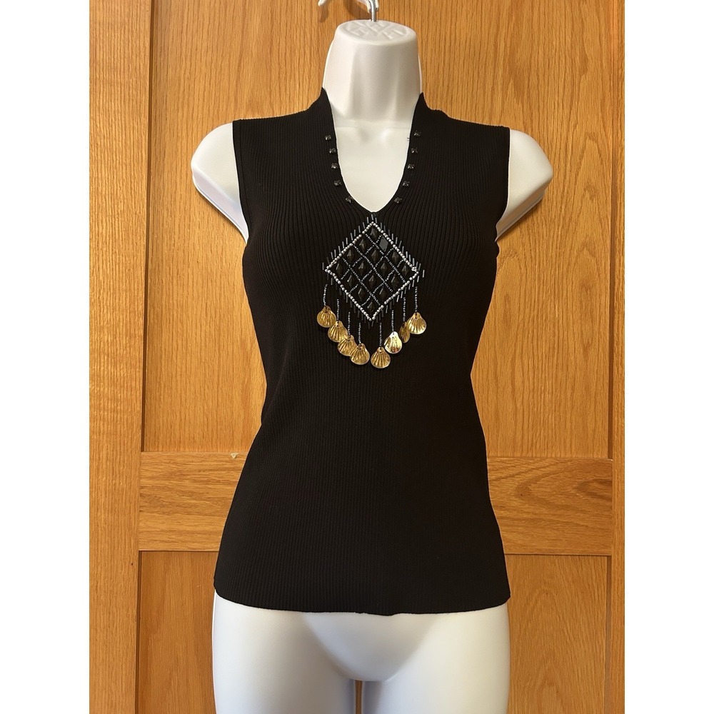 Vintage Beaded Boho Chic Gold Shell Coin Black Ribbed Tank Top Women's Size S/M